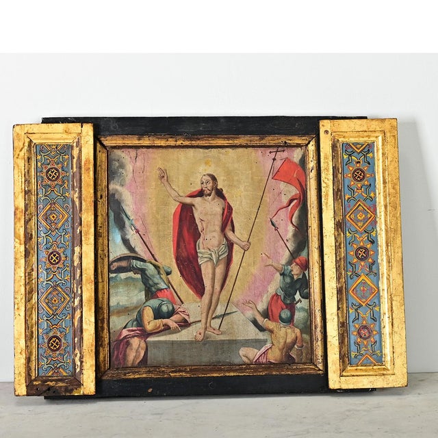 Portuguese 18th century assemblage painting of the Resurrection of Christ, likely an architectural fragment or retablo...