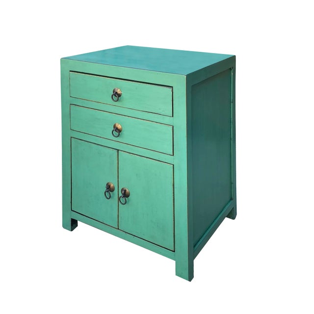 Chinese Chinese Distressed Turquoise Green 2 Drawers End Table Nightstand For Sale - Image 3 of 6