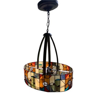 Mid Century Stained Glass Pendant Chandelier Light For Sale