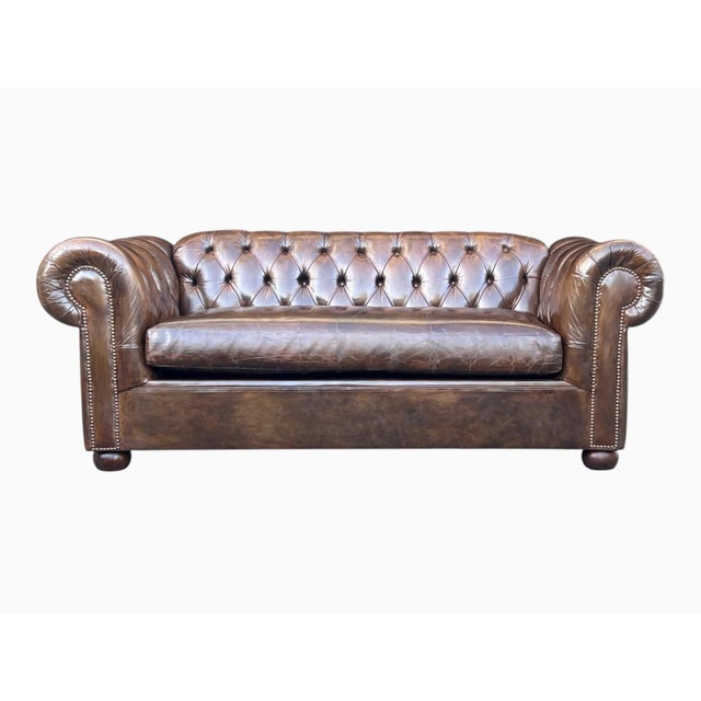 Contemporary Vintage Chesterfield Leather Sofa With Tufted Back and Rolled Arms – Warm Brown Patina For Sale - Image 3 of 15