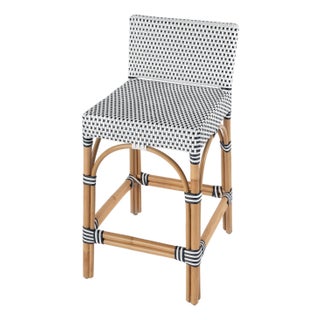 Serienna 24.5 in. Seat Height Rectangular Rattan Low Back Counter Stool, White/Navy Dot / Natural Rattan Frame For Sale