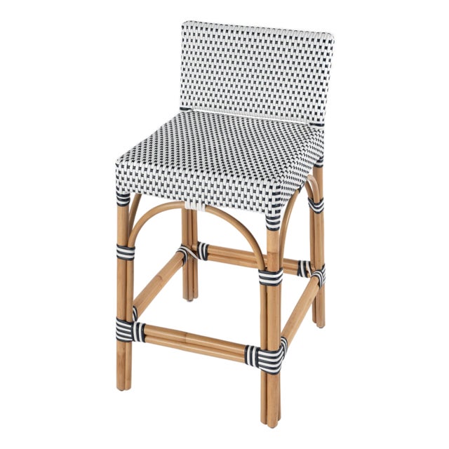 Serienna 24.5 in. Seat Height Rectangular Rattan Low Back Counter Stool, White/Navy Dot / Natural Rattan Frame For Sale