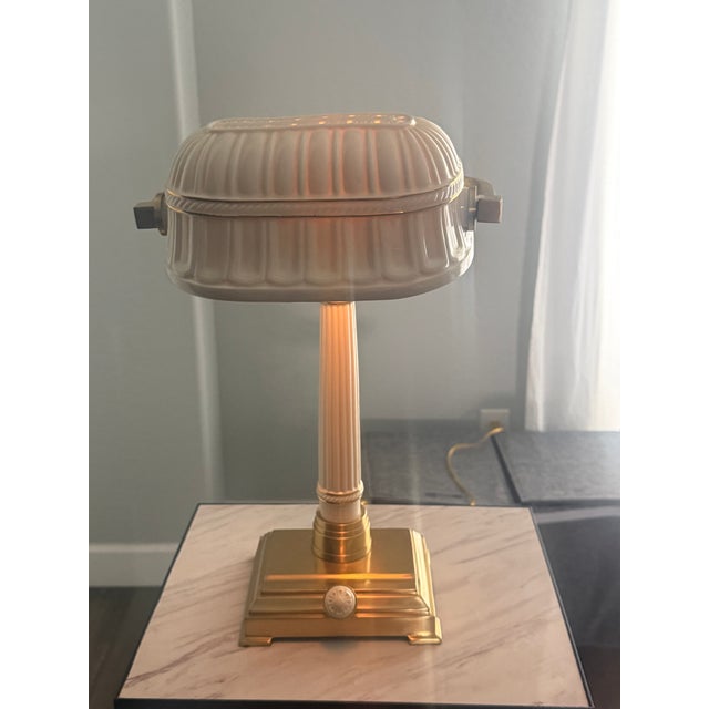 Mid-Century Modern Quoizel for Lenox Mid-Century Modern Bone China and Brass Bankers Desk Lamp For Sale - Image 3 of 6