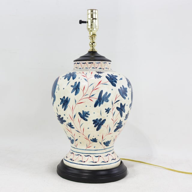 Pair of Vintage Brunschwig & Fils Cadiz Table Lamps - Blue and Cream Ceramic With Boar and Deer Motif For Sale - Image 9 of 17