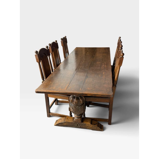 Brown Antique Elizabethan Jacobean Style Oak Refectory Dining Table and Chairs, 1900, Set of 7 For Sale - Image 8 of 18