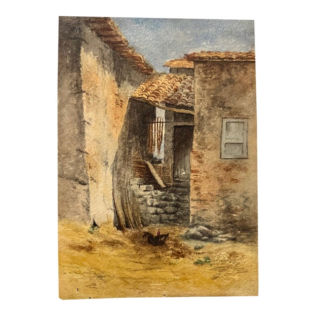 Early 20th Century Attributed to Frank Henry Mason Rustic Village Courtyard Chickens Original Watercolor For Sale