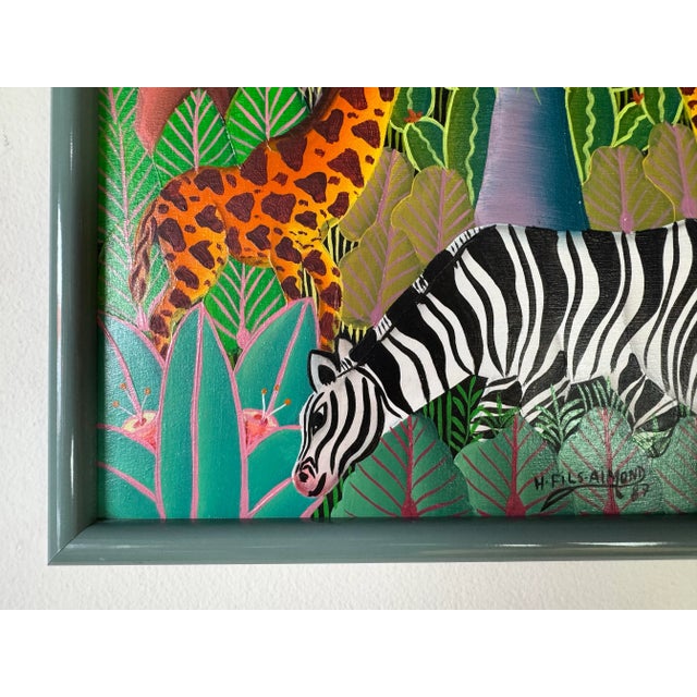 1980s 1987 H. Fils Aimond Haitian Folk Art Jungle Landscape With Zebra & Giraffes – Sold For Sale - Image 5 of 8