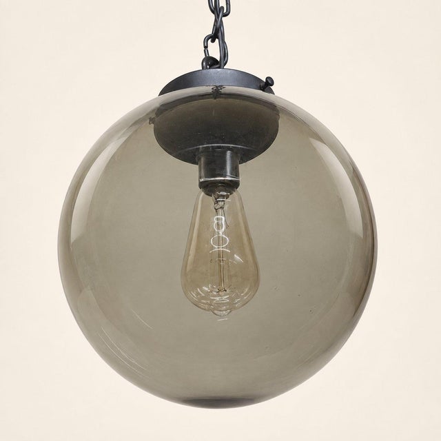 1970s 1970s Mid Century Modern Smoked Glass Globe Pendant Light, Black Metal, Ceiling Fixture For Sale - Image 5 of 13