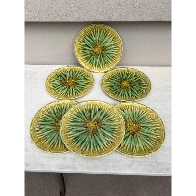French Set of 6 French Majolica Palm Plate Sarreguemines, Circa 1870 For Sale - Image 3 of 4