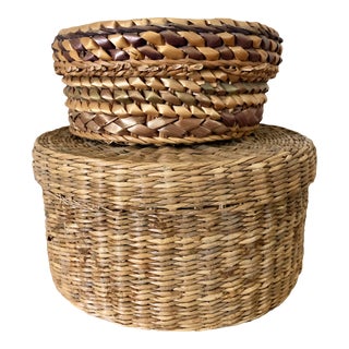 Vintage Boho Baskets With Lids — Set of 2 For Sale