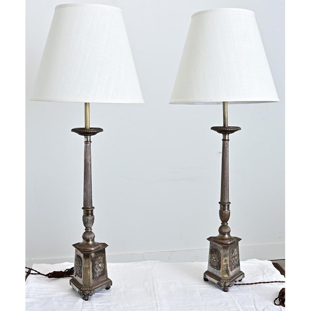 19th Century French Silverplate Altar Candlestick Lamps - a Pair For Sale - Image 4 of 12