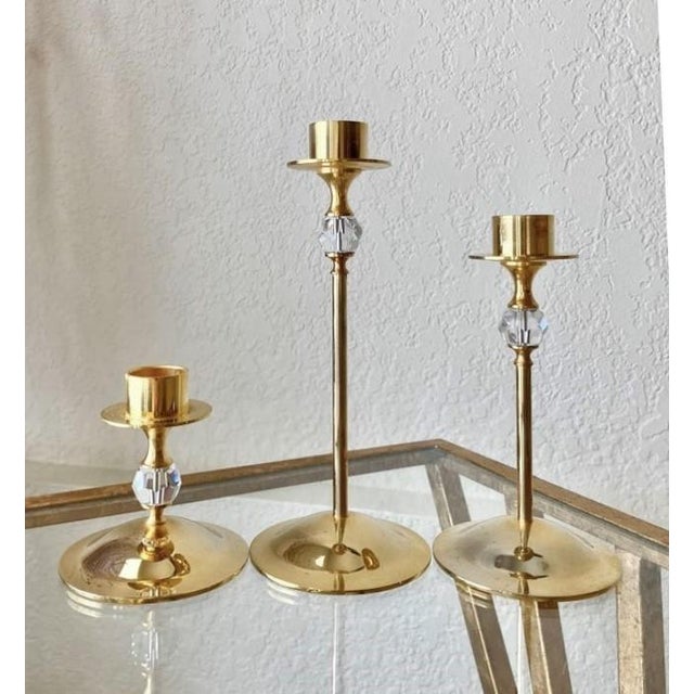 Late 20th-Century Hollywood Regency-Style Brass & Crystal Graduated Candlestick Trio, Hong Kong For Sale In Austin - Image 6 of 16