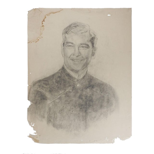 Vintage Mid 20th Century Distressed Portrait Drawing Man in Uniform For Sale