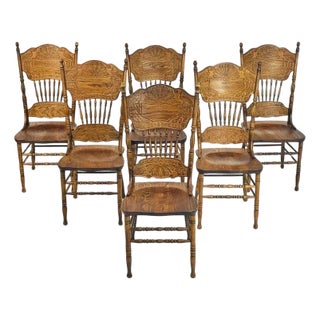 Oak Farmhouse Dining Chairs Set of 6, Carved Peacock Backs, Ronnoco 1978 For Sale