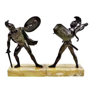 Pair of 19th Century Italian Patinated Bronze Warriors on Marble For Sale