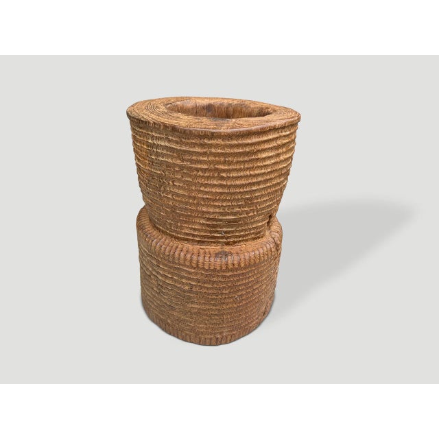 2010s Andrianna Shamaris Ancient Teak Wood Side Table or Mortar For Sale - Image 5 of 6