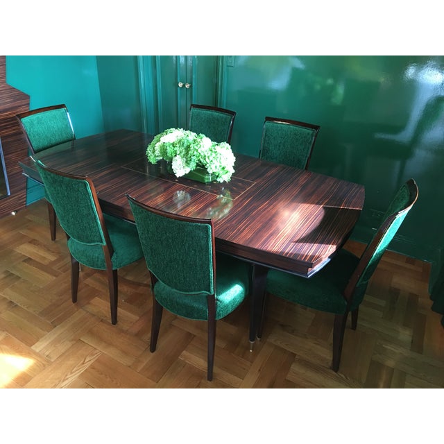 Jules Leleu Set of Eight Jules Leleu Dining Chairs, Newly Restored in Emerald Bouclé For Sale - Image 4 of 12