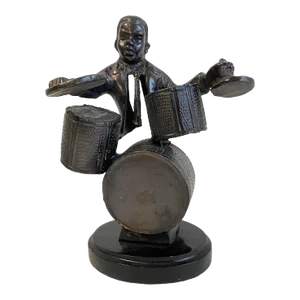 Vintage Bronze Jazz Band Drummer Musician Statue Marble Base
