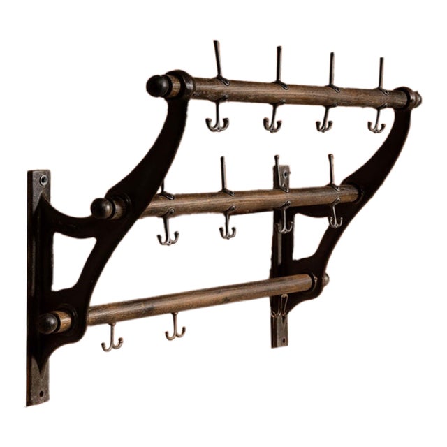 Early Two-Tier Wall Mounted Firehouse Coat Rack With Wood Rails For Sale
