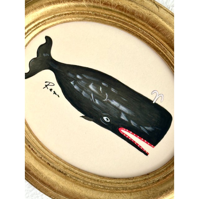 Art Deco Original Hand-Painted Whimsical Baby Whale Painting in a Vintage Italian Gold Frame For Sale - Image 3 of 3