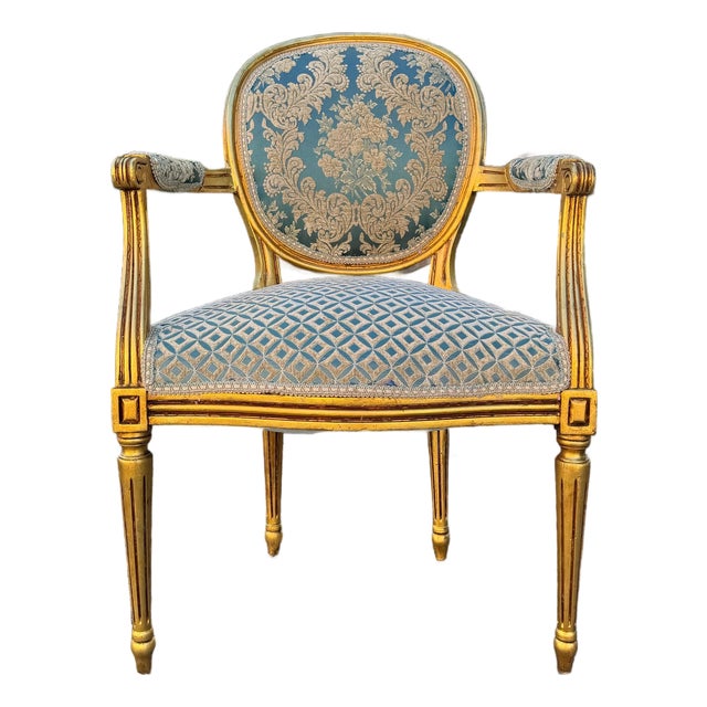 Baroque Blue Damask Chair With Gold Leaf Details For Sale