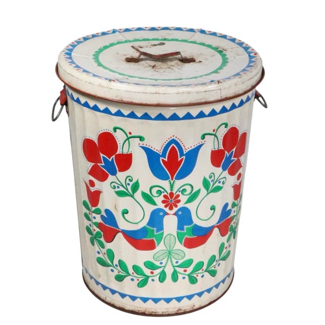 Vintage Pennsylvania Dutch Paint Decorated Garbage Trash Can For Sale - Image 10 of 15