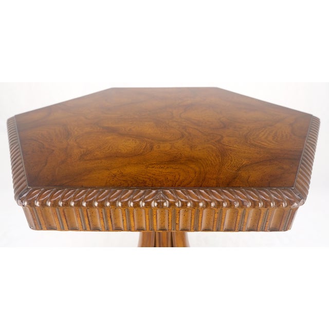 Fine Hexagon Burl Wood Top Tripod Carved Scroll Base Rope Edge Center Table MINT For Sale - Image 14 of 17
