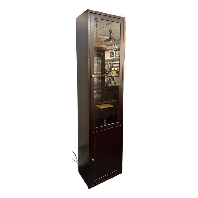 Tall Wood Display Cabinet With Glass Door and Lower Storage For Sale