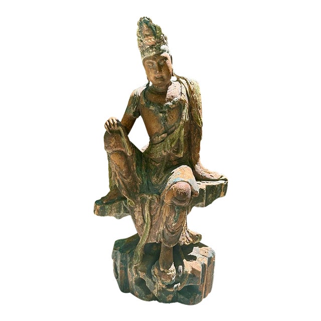 Carved and Painted Wooden Seated Figure of Guanyin — Qing Dynasty, 19th Century For Sale