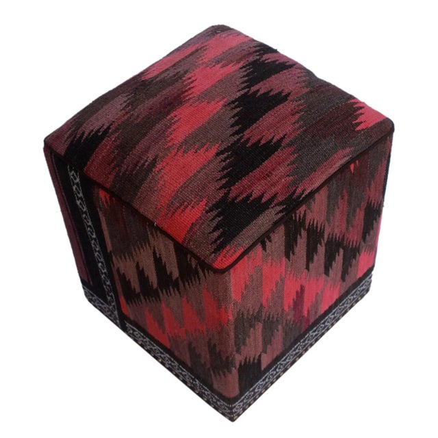Wood Doretta Pink Black Kilim Upholstered Handmade Ottoman For Sale - Image 7 of 7