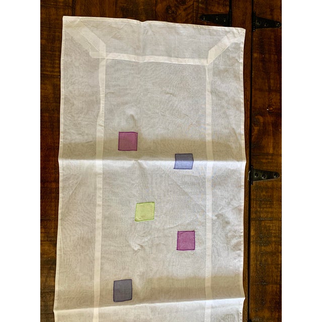 Pottery barn tablerunner purple green blue small square patchwork against white background Dimensions 14” x 72” w This...
