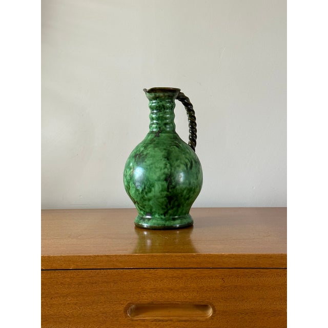 Mid-Century Modern 1960s Erik Mornils Handled Pitcher Vase for Nittsjö Keramik, Sweden, Malachite Glaze For Sale - Image 3 of 9