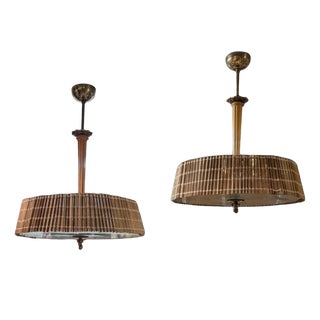 Pendant Lights attributed to Paavo Tynell with Hand-Painted Glass Diffusers attributed to Kyllikki Salmenhaara for Taito Oy, Finland, 1940s, Set of 2 For Sale