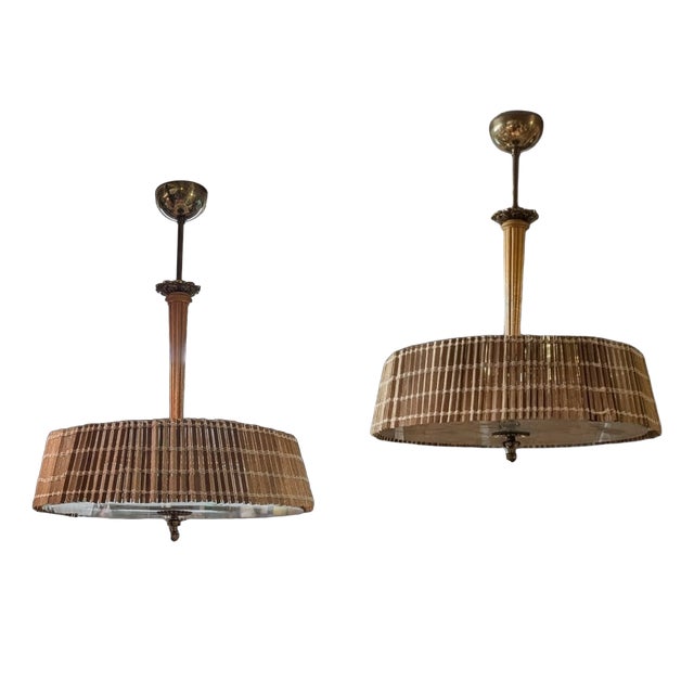 Pendant Lights attributed to Paavo Tynell with Hand-Painted Glass Diffusers attributed to Kyllikki Salmenhaara for Taito Oy, Finland, 1940s, Set of 2 For Sale