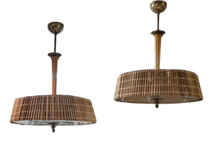 Pendant Lights attributed to Paavo Tynell with Hand-Painted Glass Diffusers attributed to Kyllikki Salmenhaara for Taito Oy, Finland, 1940s, Set of 2