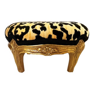 Vintage Louis XV Style French Footstool With New Upholstery and Gilt Wood Frame For Sale