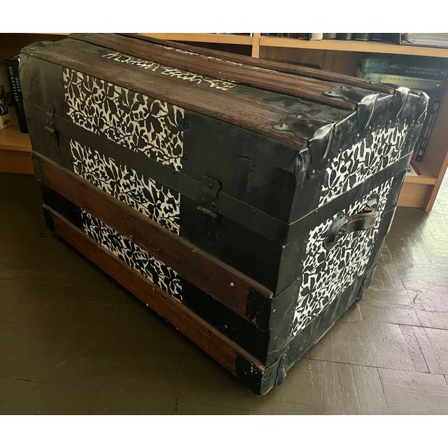 Brown Antique Steamer Trunk Dome Top Embossed Metal Finish With Wheels For Sale - Image 8 of 10