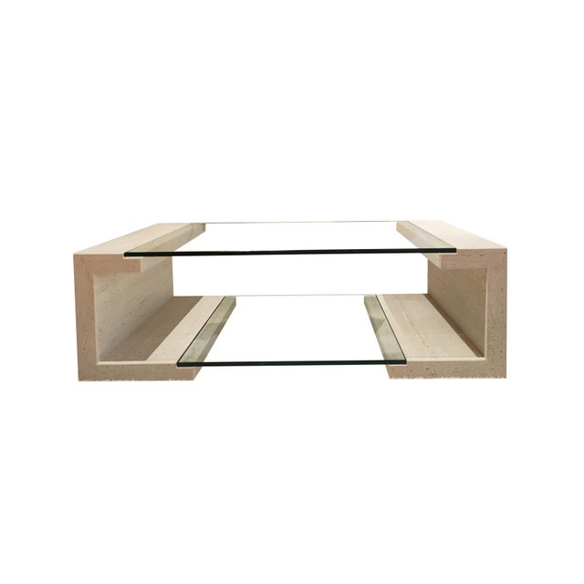 Glass Manila Coffee Table in Italian Travertine Marble and Glass by Joaquín Moll For Sale - Image 7 of 9