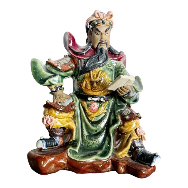 Vintage Hand Painted Guan Gong or Guan Yu Pottery Sculpture For Sale