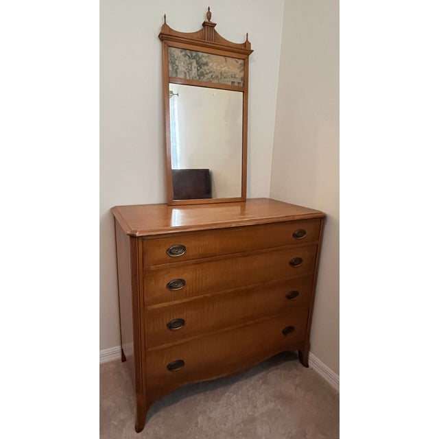 Brown 1920s Pecan Fruitwood French Provincial Wall Mirror With Watercolor Painting For Sale - Image 8 of 9