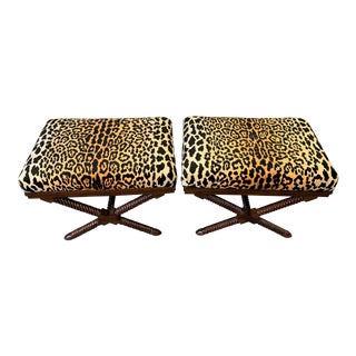 1970s Vintage Palecek Hollywood Regency Velvet Leopard X Benches -A Pair For Sale