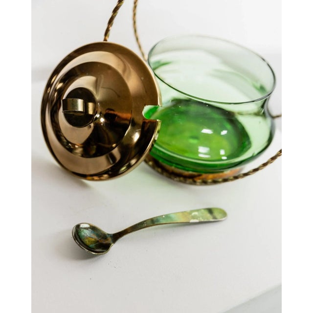 Mid-Century Emerald Green Glass Lidded Bowl with Gilt Metal, 1940s For Sale - Image 5 of 11