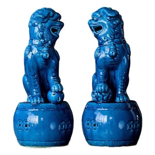 Pair of Blue Glazed Porcelain Guardian Lions – 10.6" Foo Dogs on Drum Bases For Sale
