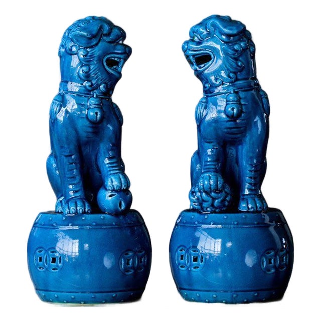 Pair of Blue Glazed Porcelain Guardian Lions – 10.6" Foo Dogs on Drum Bases For Sale