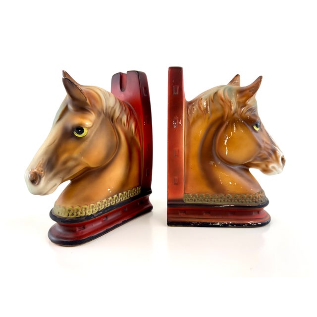 Striking pair of vintage Japanese ceramic horse head bookends featuring rich chestnut and cream airbrushed detailing with...