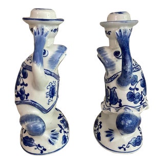Vintage Frog Blue & White Candleholders- a Pair For Sale