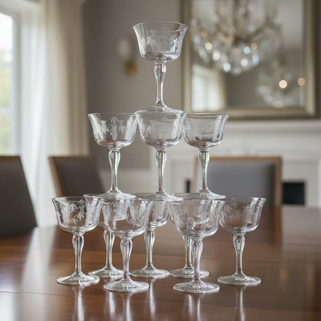 Mid-Century Modern Mid 20th Century Mid Century Modern Sasaki Noritake Bamboo Etched Crystal Cordial Liqueur Dessert Glasses - Set of 11 For Sale - Image 3 of 10