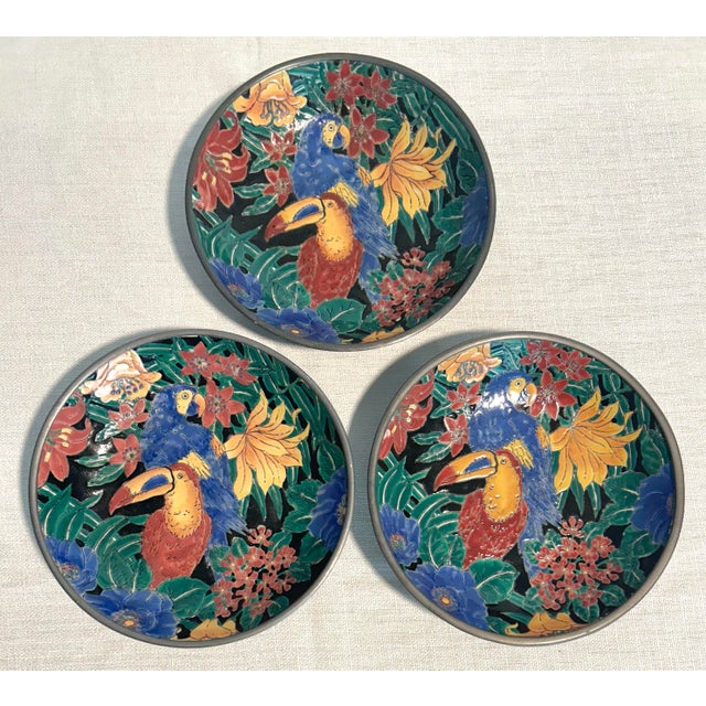 Mid-Century Modern MCM Gump’s Tropical Rainforest Tiger and Toucan Pewter and Ceramic Plates - A Six Piece Set For Sale - Image 3 of 6