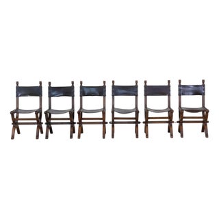 Set of Six Mid-20th Century Spanish Walnut and Leather Dining Chairs For Sale