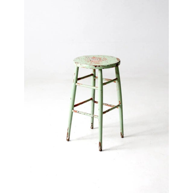 Farmhouse Antique Painted Wood Stool For Sale - Image 3 of 12